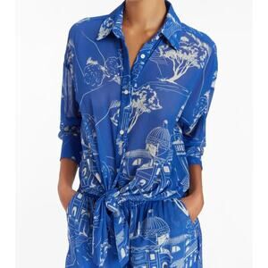 AMANDA UPRICHARD Medium Bennett Tunic Top Yorkshire Print Royal Blue White Print